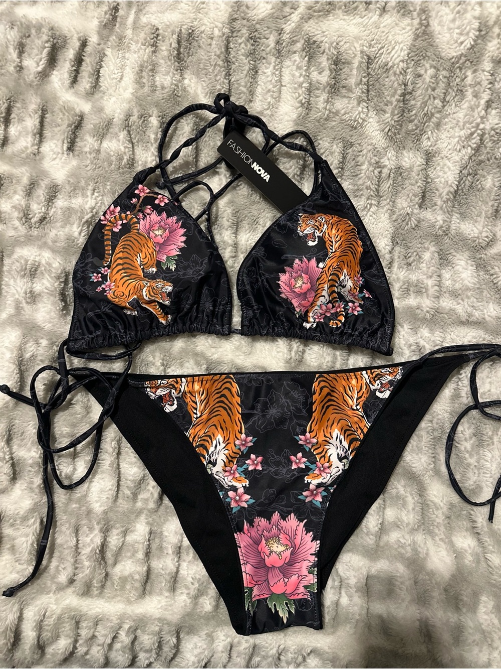Fashion Nova Black Tiger & Pink Floral Tie Bikini Set